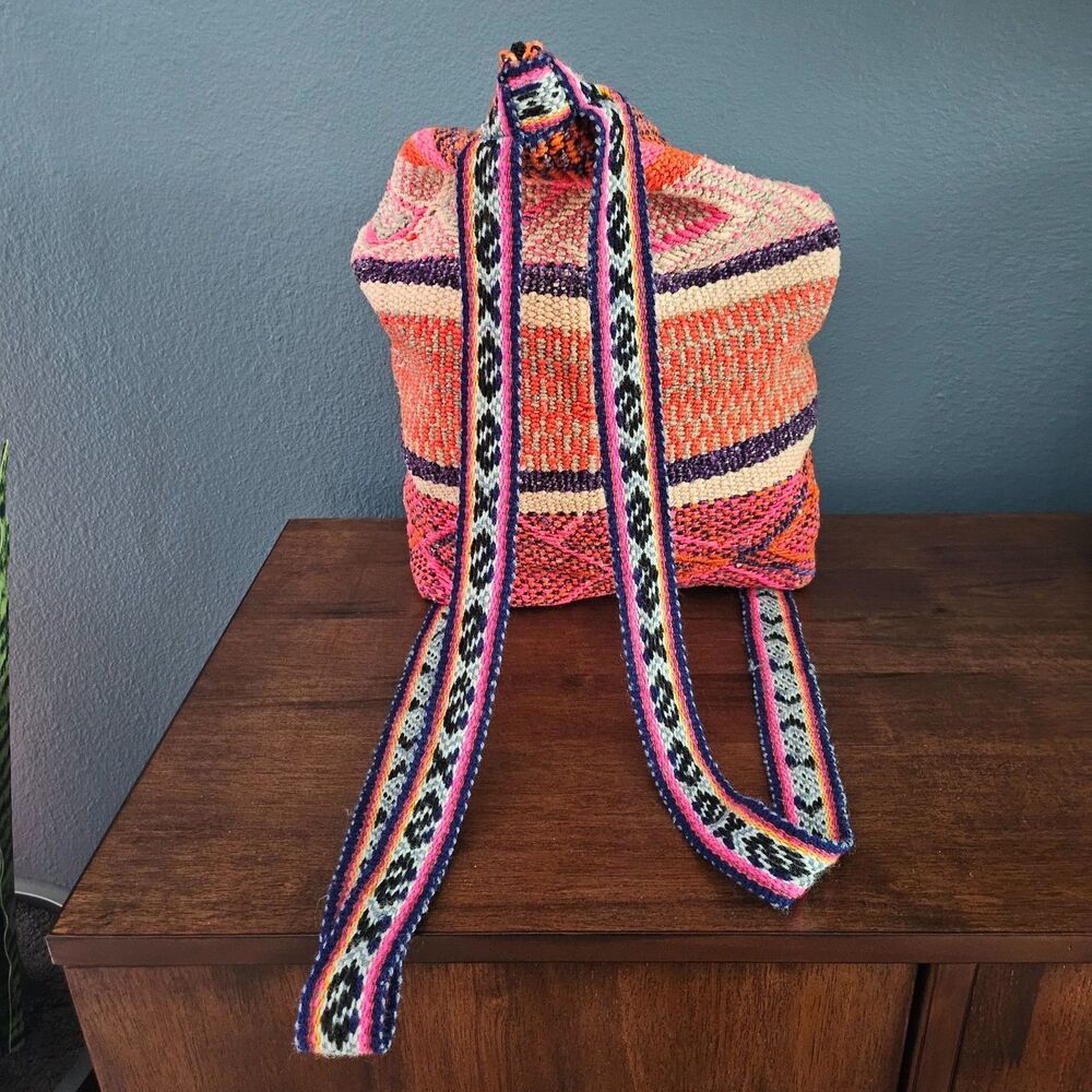 Vintage Peruvian Wool Boho Backpack Rucksack Sling bag Handwoven Zip top Peru - Picture 5 of 8